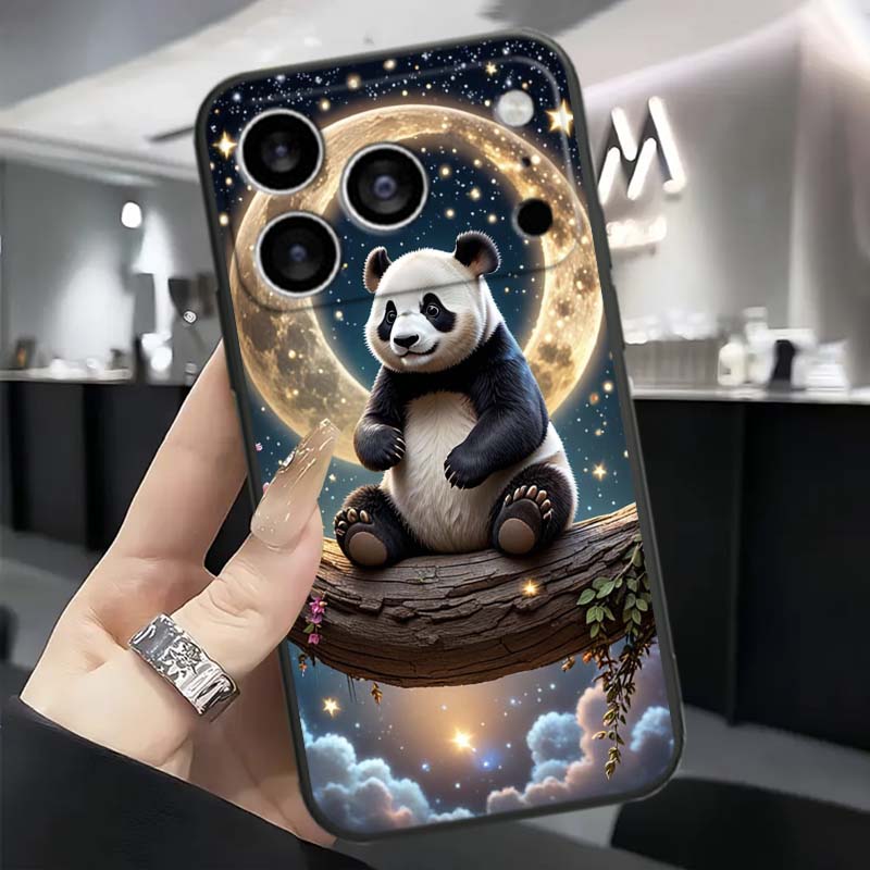 Cartoon Anime Panda Cute For Apple iPhone 17 16 16E 15 14 13 12 11 Pro Max Plus Black Soft Silicone Phone Case