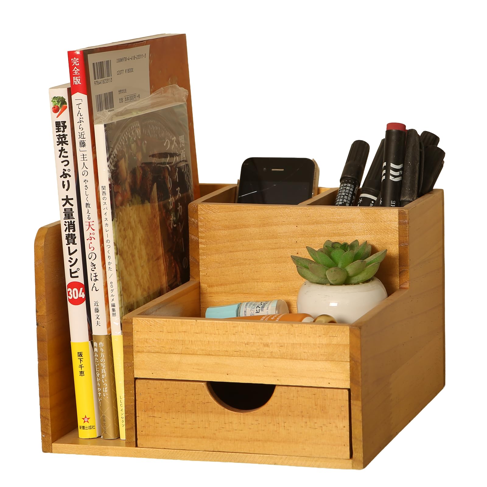 Juleduo Деревянный настольный органайзер для хранения с ящиками книжной полкой отделением для канцелярских принадлежностей подставкой для ручек и держателем для пульта дистанционного управления Натуральная текстура дерева 6190₽