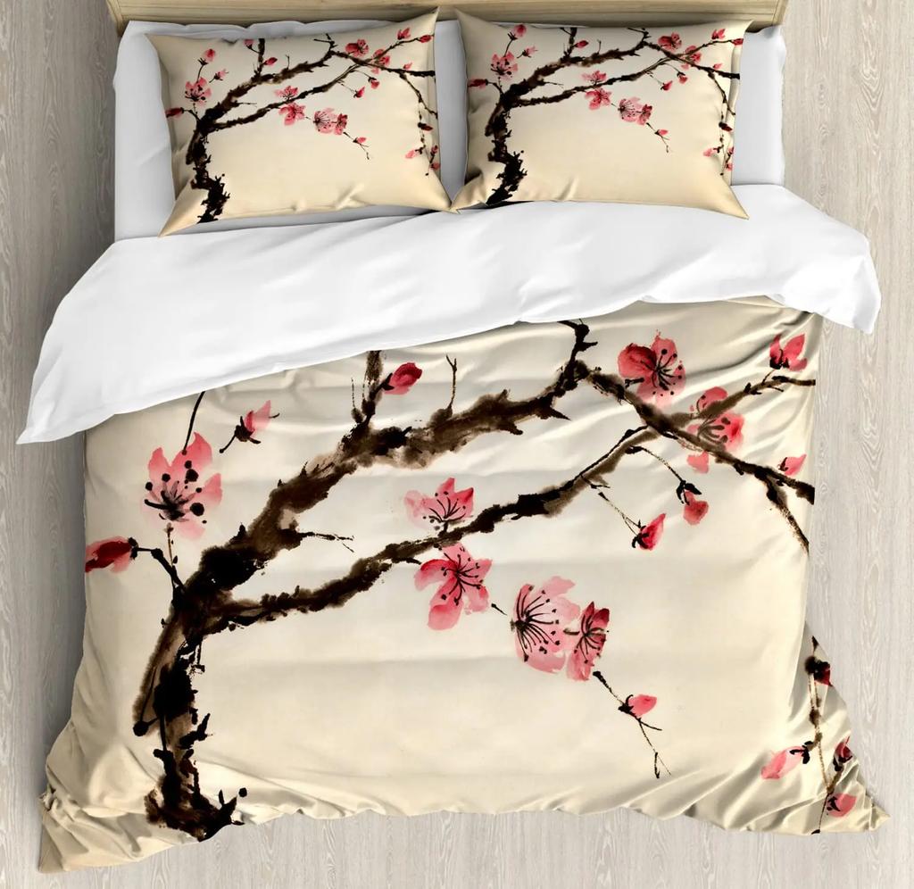 Japanese Duvet Cover SetGirl In Traditional Dress and Cultural Patterns Antique Eastern Collage Bedding Sets FullBrown Cream