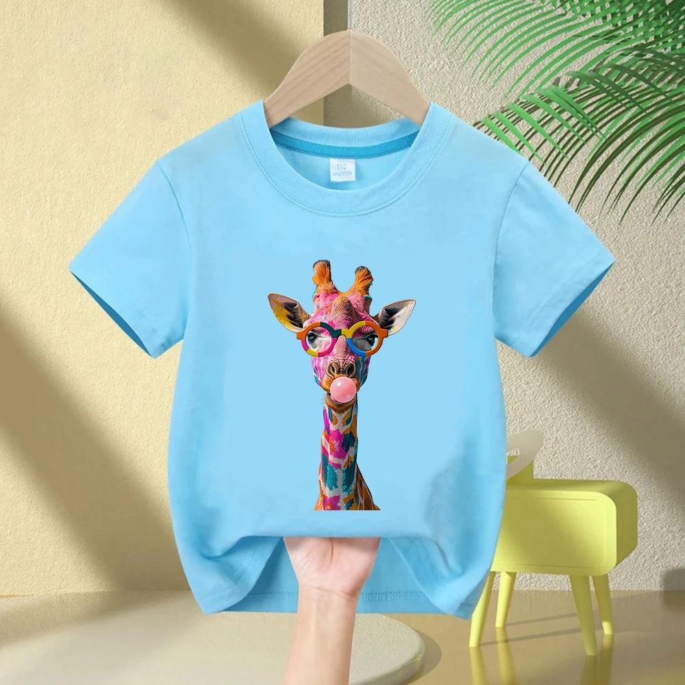 Y2k Giraffe with Gum Printed Short Sleeve T Shirts Animal Kids Childrens Tshirt Boys Girls Summer Spring Casual Top Tee Shirt
