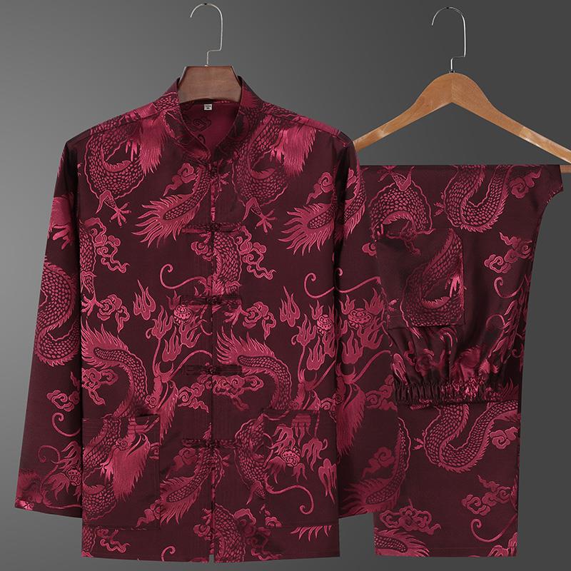 Ice Silk Tang Suit Long-Sleeved Shirt: Men's Chinese-Style Spring/Autumn Dress for Middle-Aged and Elderly