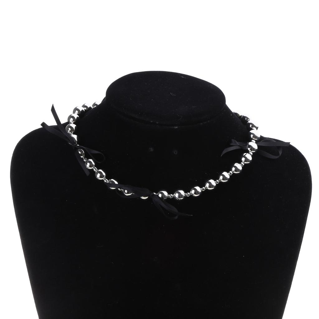 Fashionable Black Ribbon Bowknot Necklace Faux Pearl Alloy Chain Choker Fashion Cool Girls Clavicular Chain Jewelry