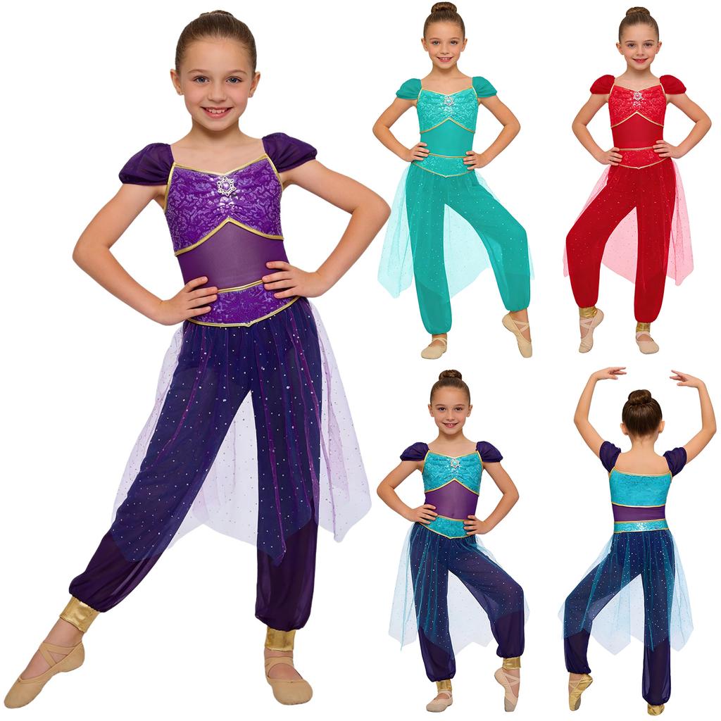 Girls Belly Dance Costume Arabian Princess Rompers Sequined Waist Tulle Overlay Jumpsuit Contrast Color Rhinestone Decor
