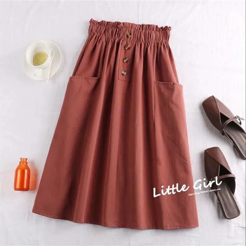 Women Casual Skirt Elastic High Waist A-Line Skirt with Large Hem Solid Color Buttons Decor Pockets Midi Skirt