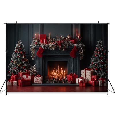 Mocsicka Christmas Backdrop Photography Fireplace Red Flower Gift Xmas Tree Photo Background For Shooting Home Decoration Studio