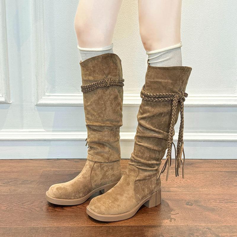 Coarse Heel Fringed Boots Maillard Boots Children's New Spring and Autumn Western Cowboy Stack Boots Tall Knight Boots