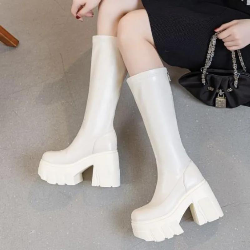 Mode 11CM Mikrofaser Römische Frühling Kniehohe Stiefel Damen High Top Herbst Winter Damen Synthetisches Leder Plateau Keilabsatz Damen Schuhe