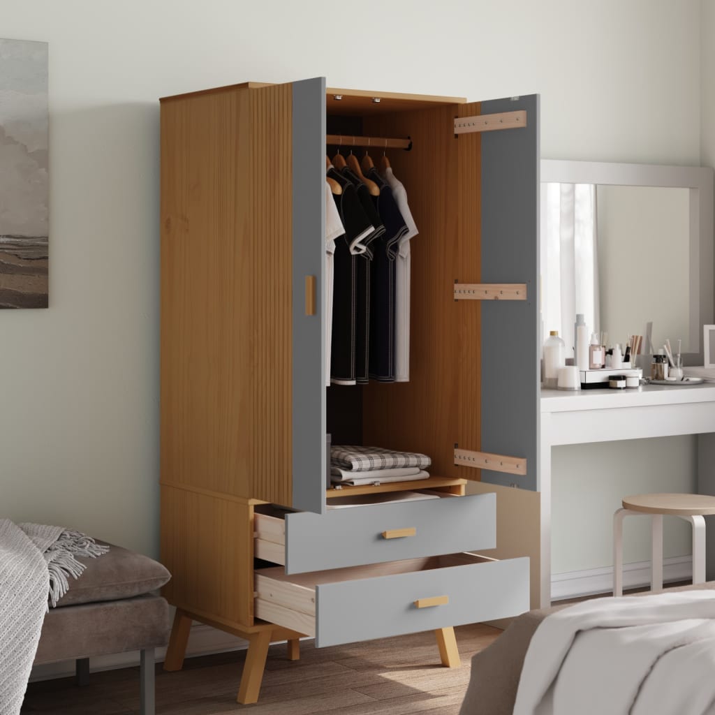 OLDEN Kleiderschrank Grau & Braun 76,5 x 53 x 172 cm Massivholz Kiefer