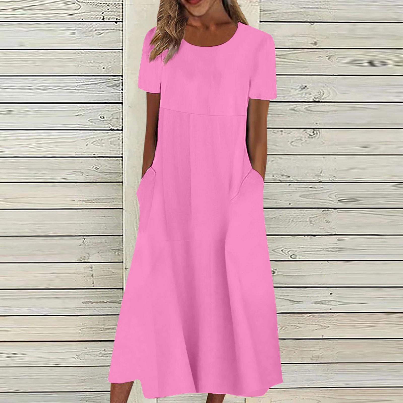 

Женское летнее повседневное модное однотонное платье с коротким рукавом и круглым вырезом с карманами S