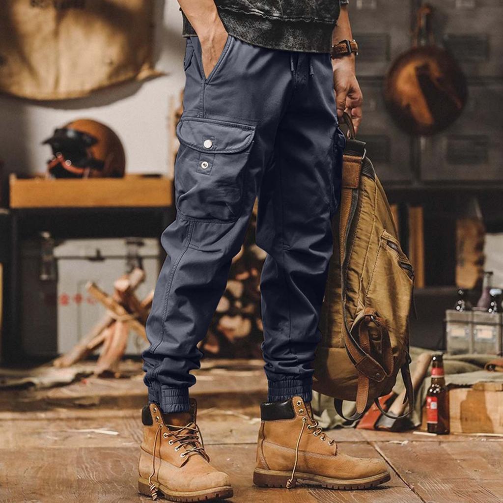 Pánské jednobarevné zateplené kalhoty s mnoha kapsami a manžetami na zip pro venkovní volnočasové sportovní kombinézy