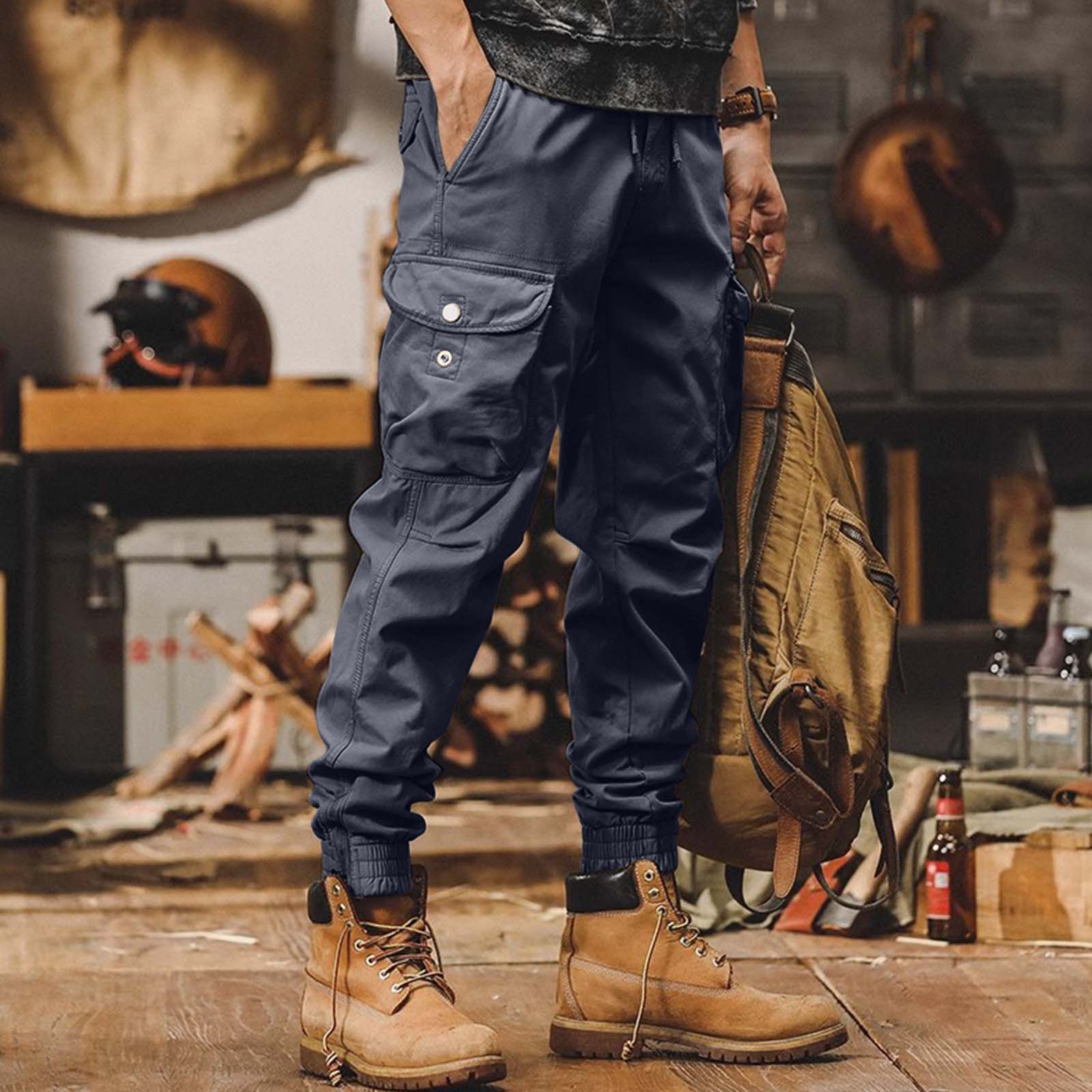 

Men s Solid Color Thickened Trousers With Multiple Pockets And Zippered Cuffs For Outdoor Leisure Sports Overalls XXXL