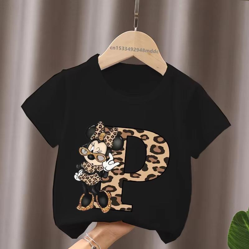 Mouse Leopard Letter A B C Name Print Unisex Women Tops Kids Tshirt Clothes Black Short Sleeve Black T Shirt