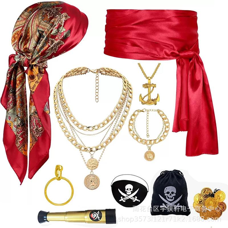 Ball Dress Up Set Cosplay Pirate Dress Up Accessories Headscarf Belt Necklace Bracelet Set Holiday Party Decoration Props