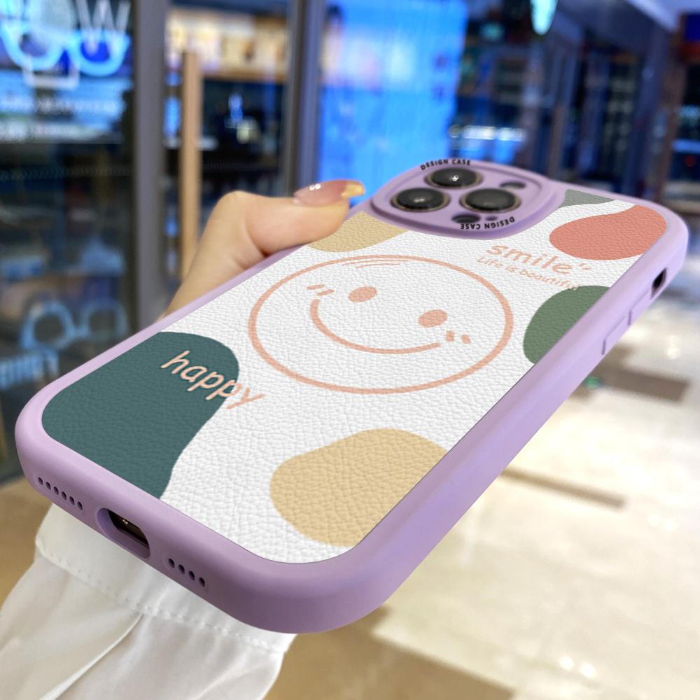 Slim Skin Feeling Cartoon Happy Smile Soft Silicone PU Leather Cover Phone Case for iPhone Samsung Huawei Honor Xiaomi Redmi OPPO Realme Vivo