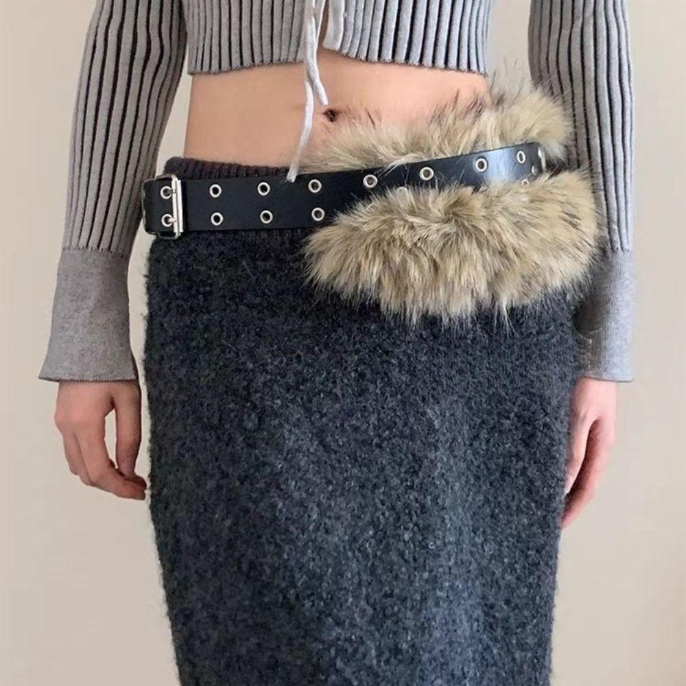 Rivet Leather Fur Belt PU Leather Y2K Waistband Personality Plush Belt  Female/Girls