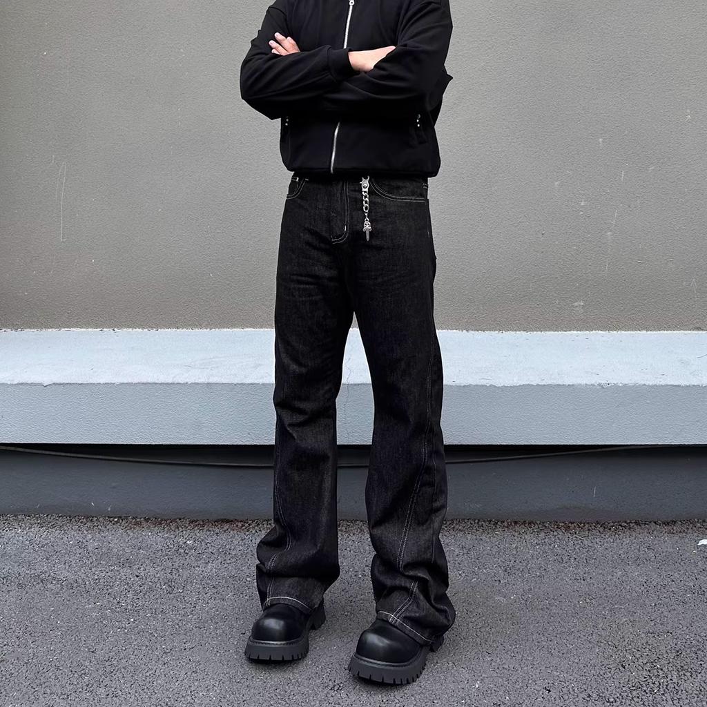American retro original cow embroidered black jeans men's and women's niche splicing cleanfit versatile straight trousers
