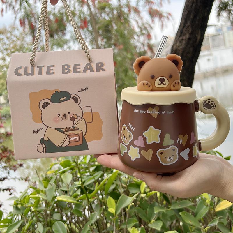 Korean version bear mug large capacity with lid straw creative cup cute coffee cup drinking cup gift box