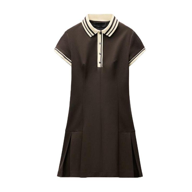 

Fall and Winter New Women s Clothing Fashion Style Short Sleeve Colored Rib Wide Pleated Silm Short Dress 2180226 Dark brown L