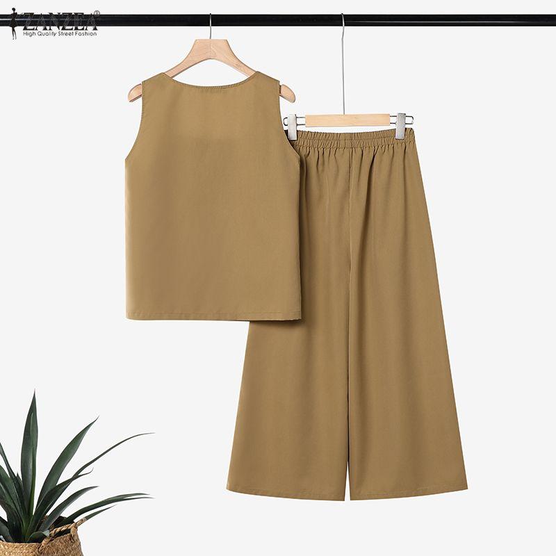 ZANZEA Women Sleeveless Vest Tops and Cropped Pants Summer Two Piece Suit Sets