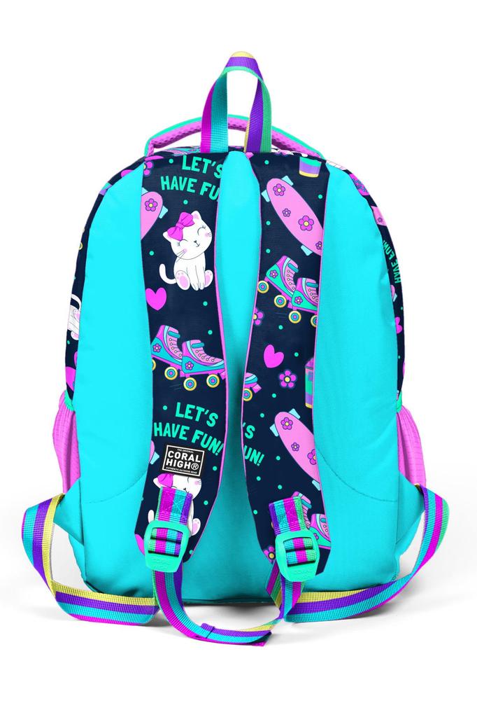 Coral High Kids Lacivert Pembe Kedili Paten Desenli Üç Bölmeli Okul Sırt Çantası 23658