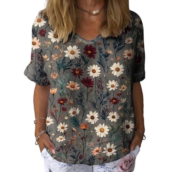 Women T-shirt V-neck Short Sleeve Flower Printed Tee Shirt Loose Fit Dropped Shoulder Sleeve