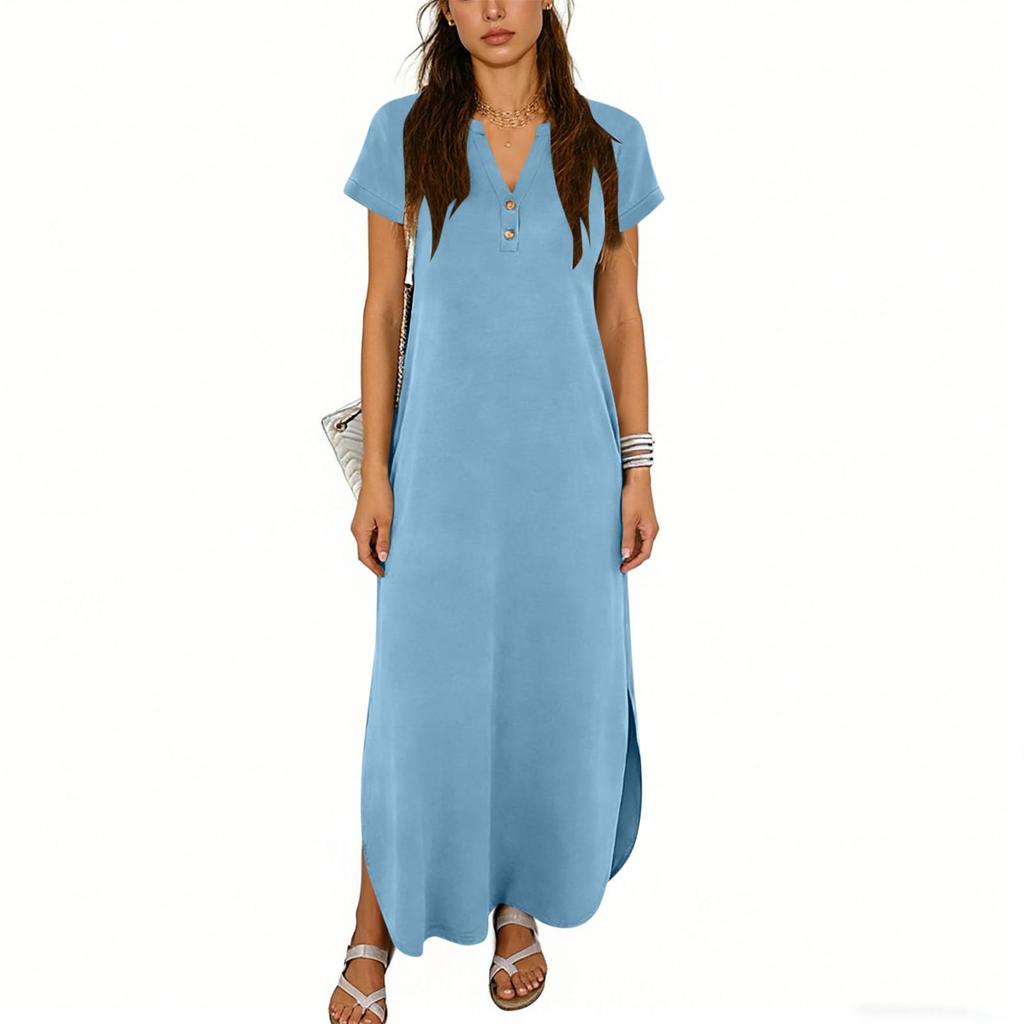 Women's Color Casual Fashion Short Sleeved V-neck Dress