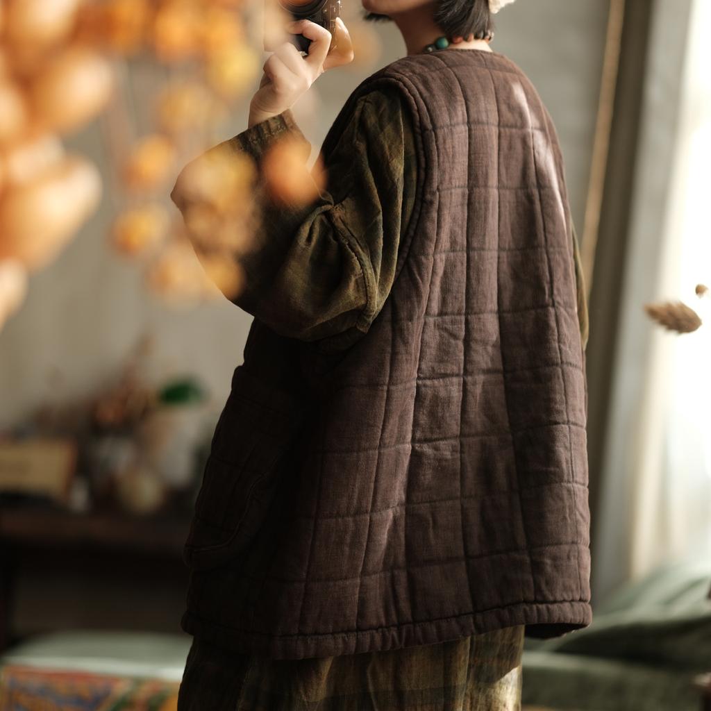 Johnature Women Vintage Winter Coats Old Coffee Warm Patchwork Pockets O-Neck Sleeveless Female Button Coats