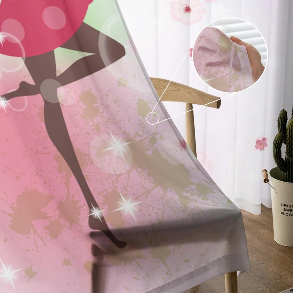 Ballet Dancer Girl Pink Flower Sheer Drapes Window Curtains for Living Room Bedroom Home Decor Cherry Blossoms Chiffon Curtain