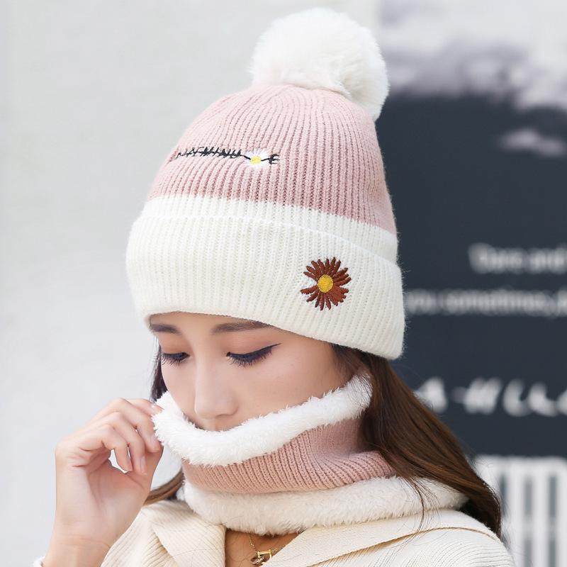 Hat Women's Autumn and Winter Wool Ball Cute Knitted Hat Winter Outdoor Biking Plus Fleece Warm Neck Protective Cotton Hat