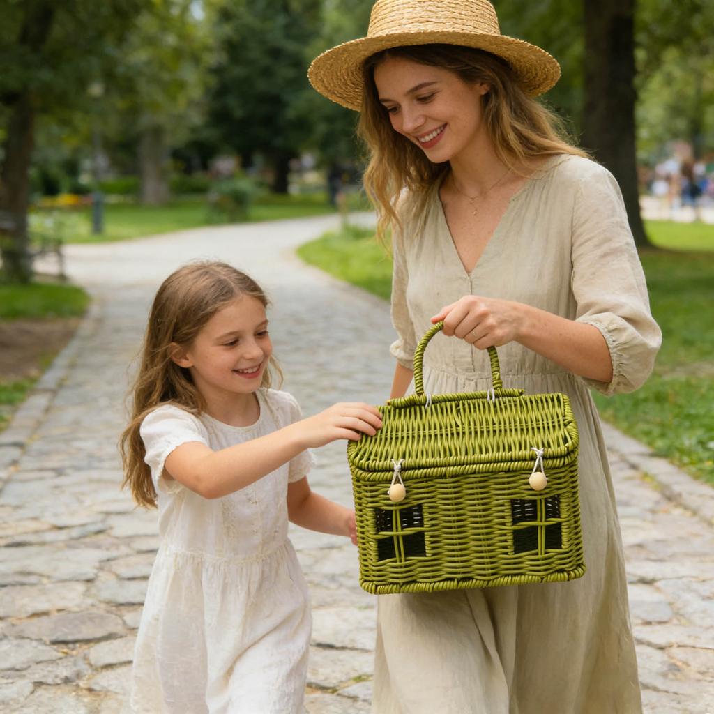 This Plastic Rattan House-shaped Basket, With A Lid And Folding Handle, Is Perfect For Picnics, Easter, Tidying Up, And Other Occasions.