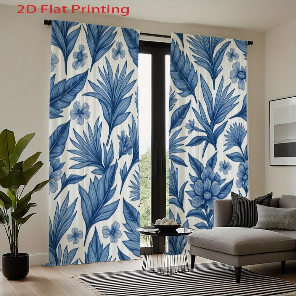 Flat Printing Curtains Blue Floral Leaf Pattern Curtain Polyester Fabric Material Home Deco Set Of 2 Made With Rod Pocket