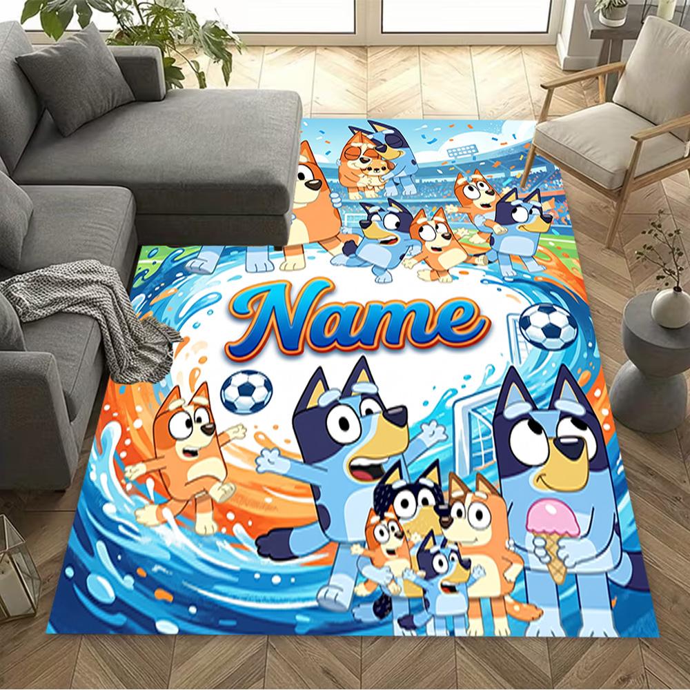 Bluey's Soccer Fun Customized Name Floor Mat Perfect for Study room Foyer Decorate room Playrooms Anti-slip Rug Decorate Offices