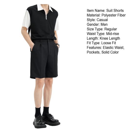 Men Suit Shorts Mid-rise Solid Color Straight Wide Leg Shorts with Pockets Knee-Length