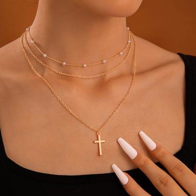 Simple Niche Design Cross Collarbone Chain Neck Chain Geometric Imitation Pearl Retro Stacked Necklace