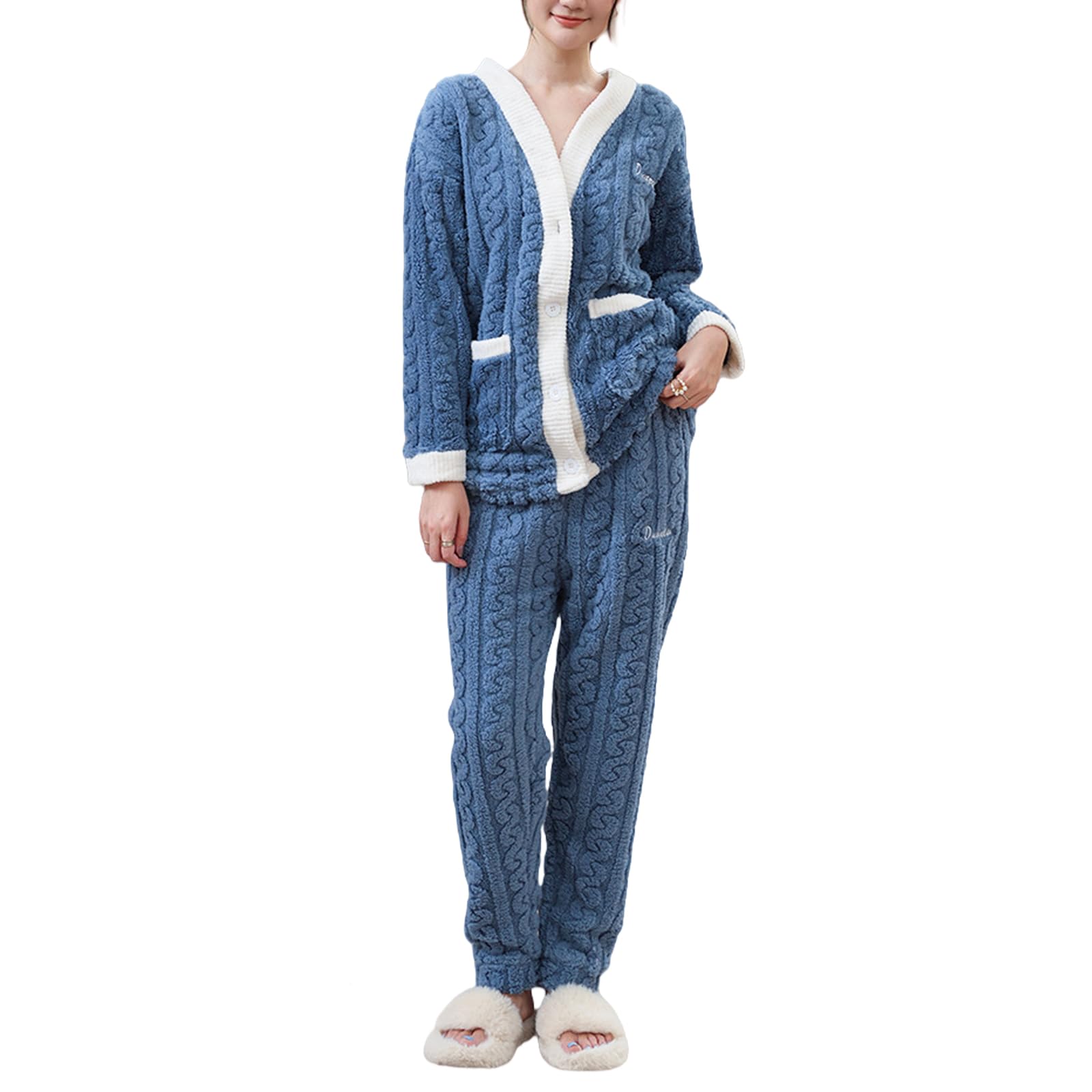 

MEME XTRA Пушистая домашняя одежда с длинными рукавами и плюсом спереди, свободного кроя, доступна в 4 цветах, идеально подходит для осени и зимы, женская пижама, комплект из 2 предметов, штаны, синий