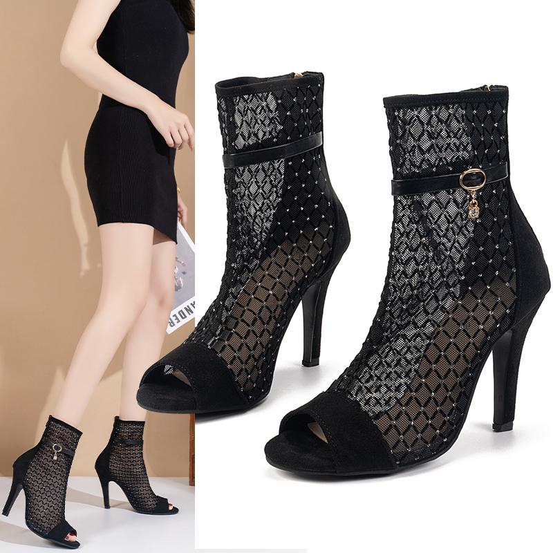 2025 Sexy Female Sandals Peep Toe Flock Suede Breathable Mesh Zipper Belt Buckle Thin High Heels 10cm Plus Size
