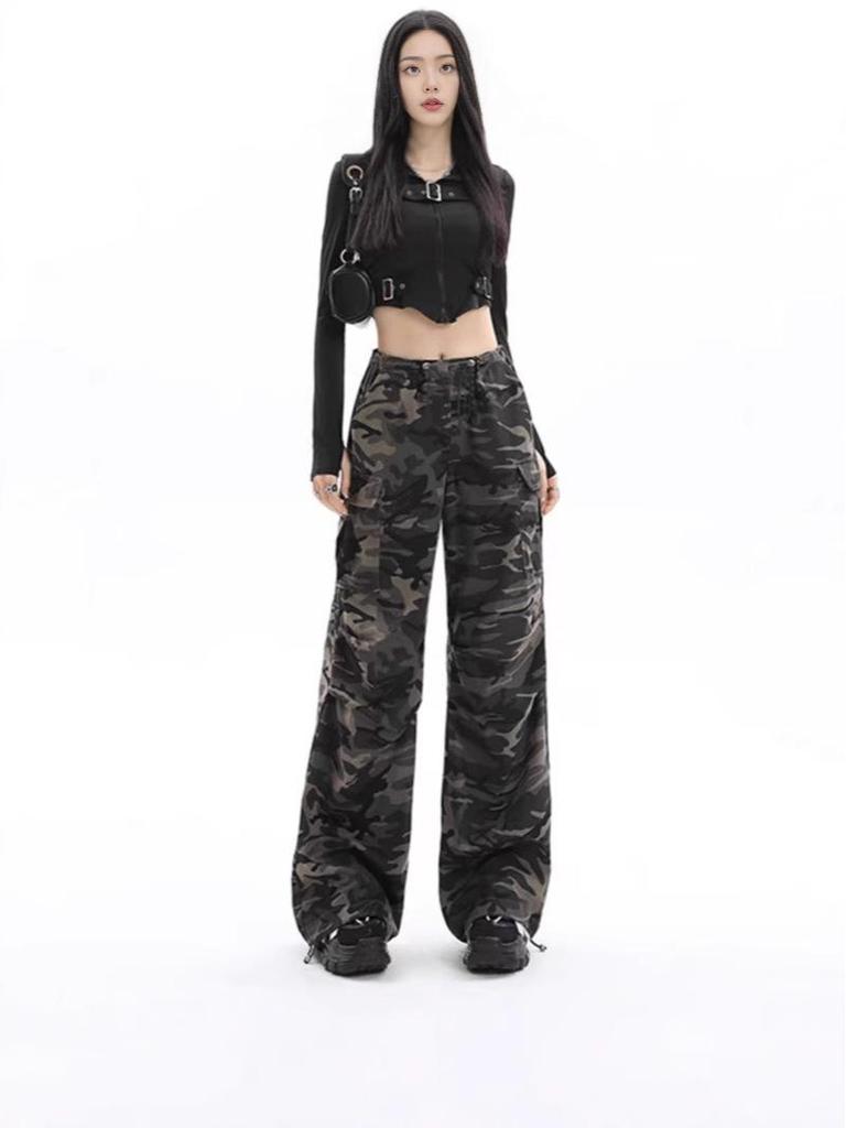 Ancola Röd Vintage Camo Dragskos Arbetsbyxor – Unisex Raka Casual Byxor