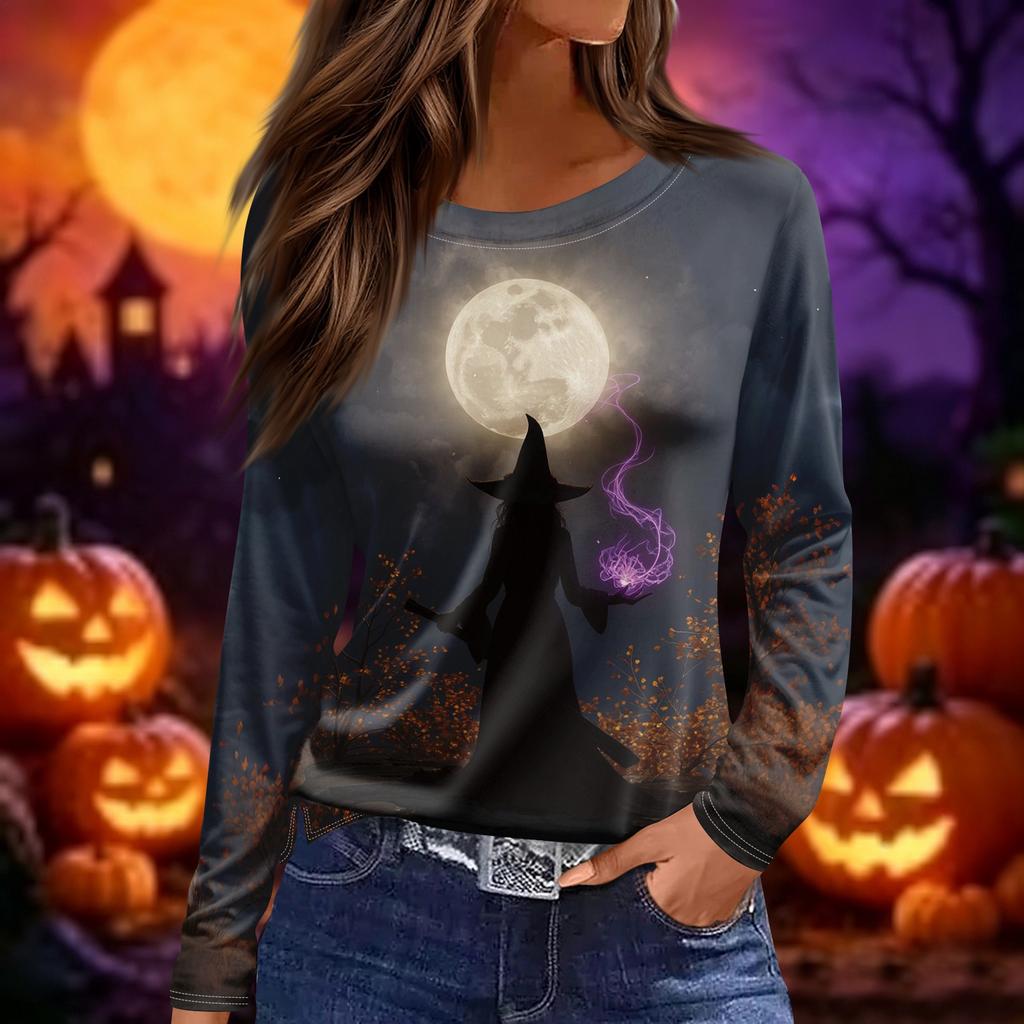 Women's Long Sleeve Round Neck Halloween Print Tunic Top for Parties and Everyday Wear