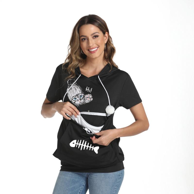 Women's summer short-sleeved large pocket cartoon printed casual drawstring hooded T-shirt