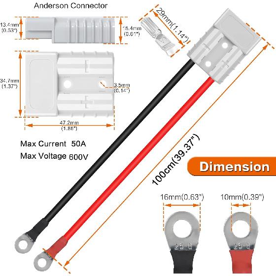 50 A 600 V Anderson Connector Plug With O-Ring Battery Connector Cable 8 AWG 100 Cm (39.37 Inch) Cable Battery Quick Connector Forklift Plug Wire