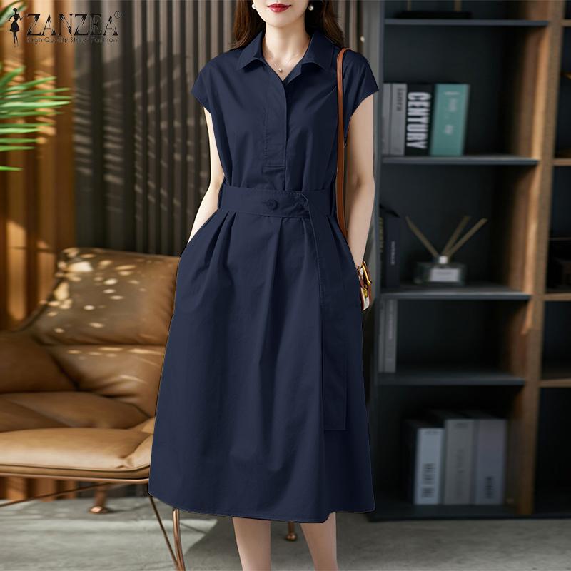 ZANZEA Women Turn Down Collar Summer Casual Short Sleeve Dress