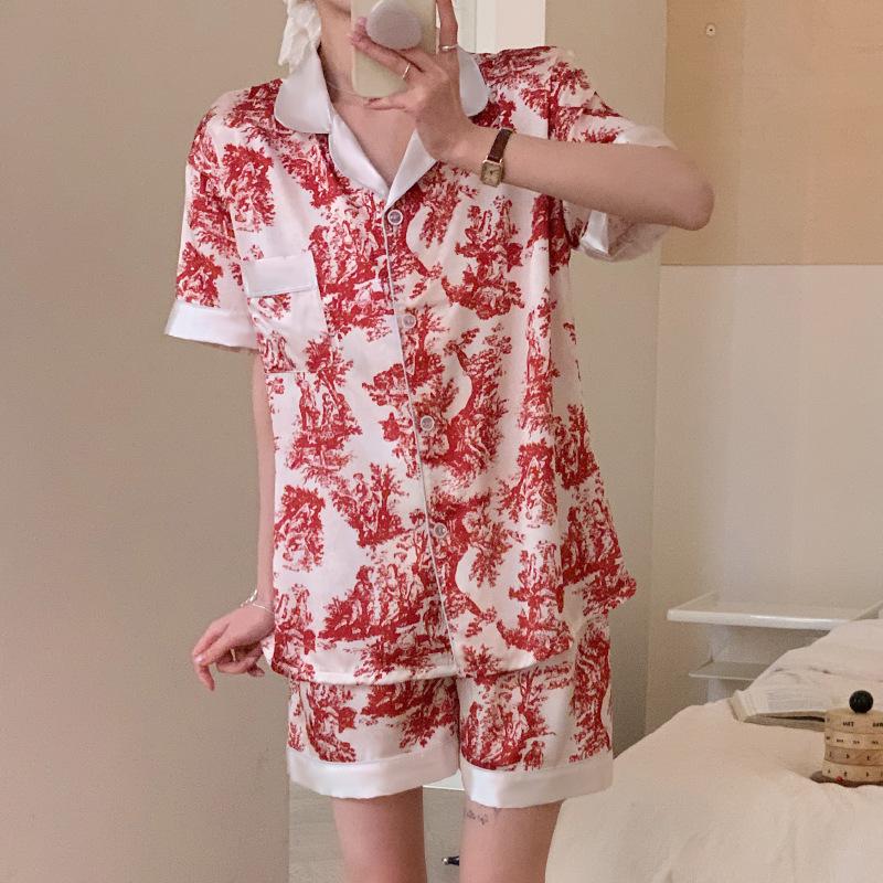 Style High-End Red Pajamas Women'S Summer Ice Silk Thin Short-Sleeved Shorts Casual Loungewear