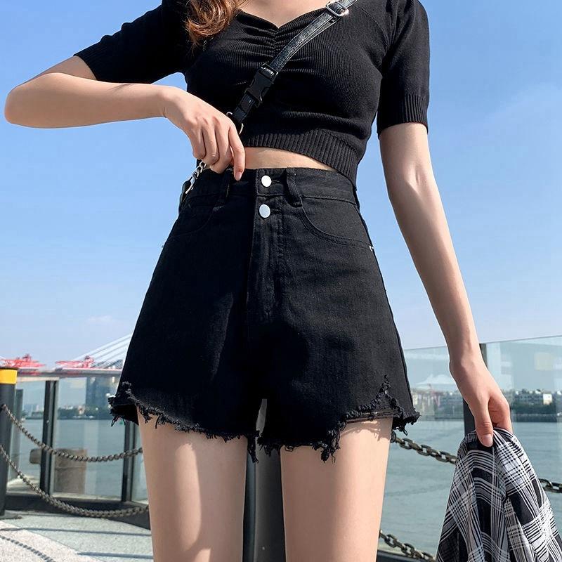 

Брюки Классика и минимализм Мода Универсальные Тонкие Женские С Высокой Талией А-силуэта Тонкие Летние Сломанные Дыры Свободные Широкие Джинсовые Шорты Индивидуальность 2XL чёрный