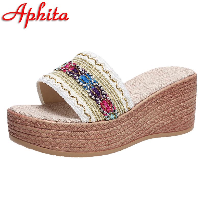 Fashion Aphixta New Embroiber Stripted 7cm High Wedge Heels Platform Slides Women Retro Plus Size 43 Slippers Outdoor Sexy Beach Shoes