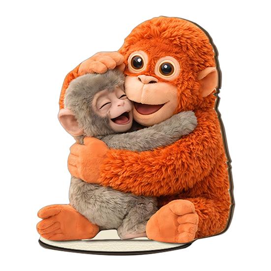 Niedliches Affen-Tischschild (2D) mit Babyäffchen und Plüschtier, Schreibtischdeko aus Holz für Zuhause oder Büro, herzerwärmendes Geschenk für Freunde