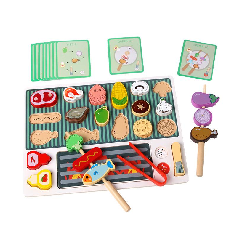 Children Barbecue Food Kitchen Toys Miniature Food Pretend Play Matching Cutting Games Toddlers Montessori Education Wooden Toy