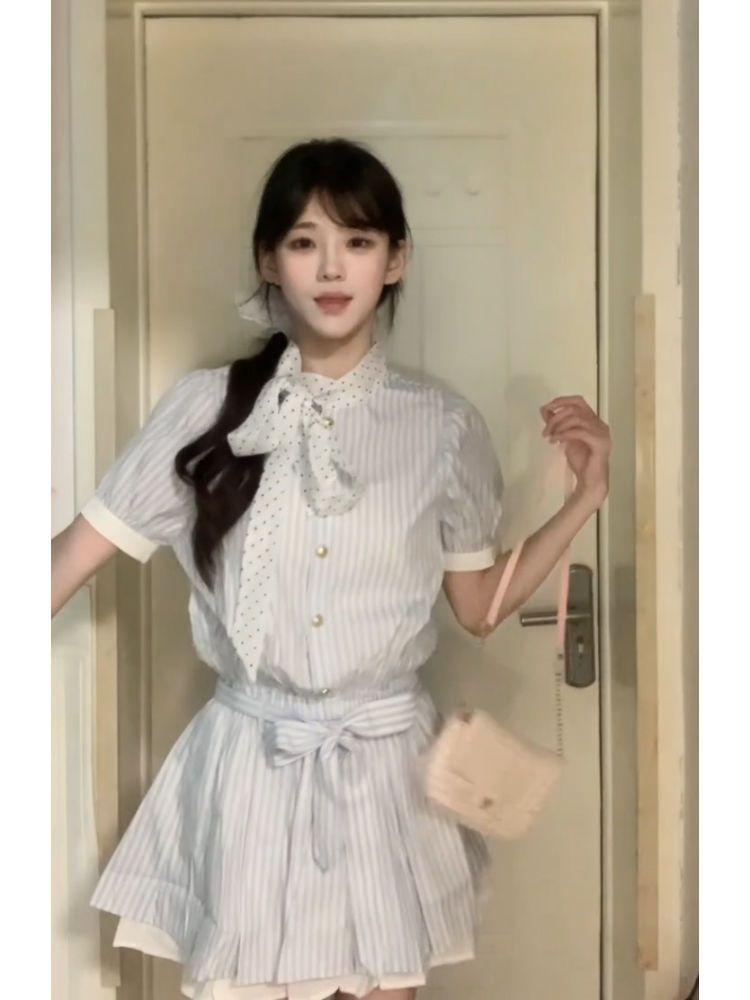 Summer new splicing design contrasting striped shirt dress fashion thin college lace-up skirt short skirt