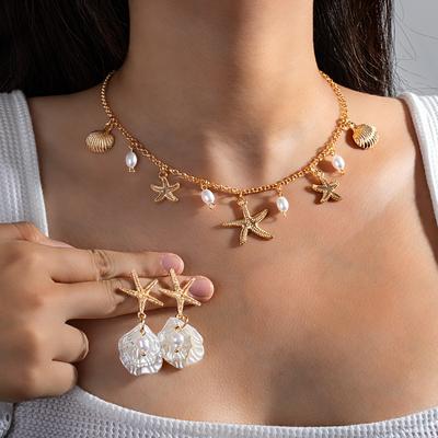 1 Pair of Earrings+1 Necklace Vacation Style Alloy Starfish Shell Pendant Necklace Flower Earrings Versatile Women's Bead Set