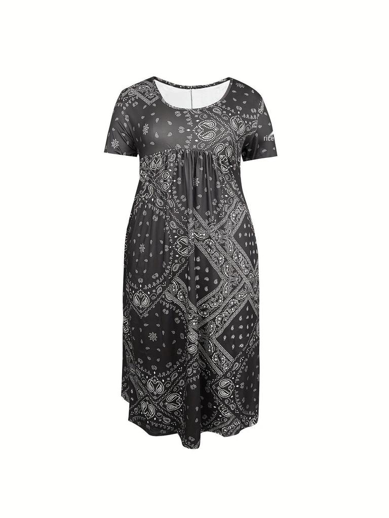 Sommer 2026 Boho-Stil Übergröße Bedrucktes Kleid mit Taschen für Damen