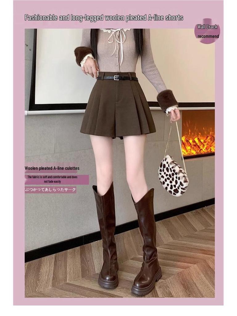 2024 Women's High-Waist Brown Wool Pleated Shorts: Autumn/Winter Wide-Leg Casual Skort